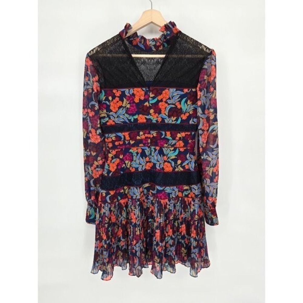 Saloni Dina Tropical Lace Panel‎ Silk Ruffle Floral Mini Dress Size 6 - Picture 5 of 12